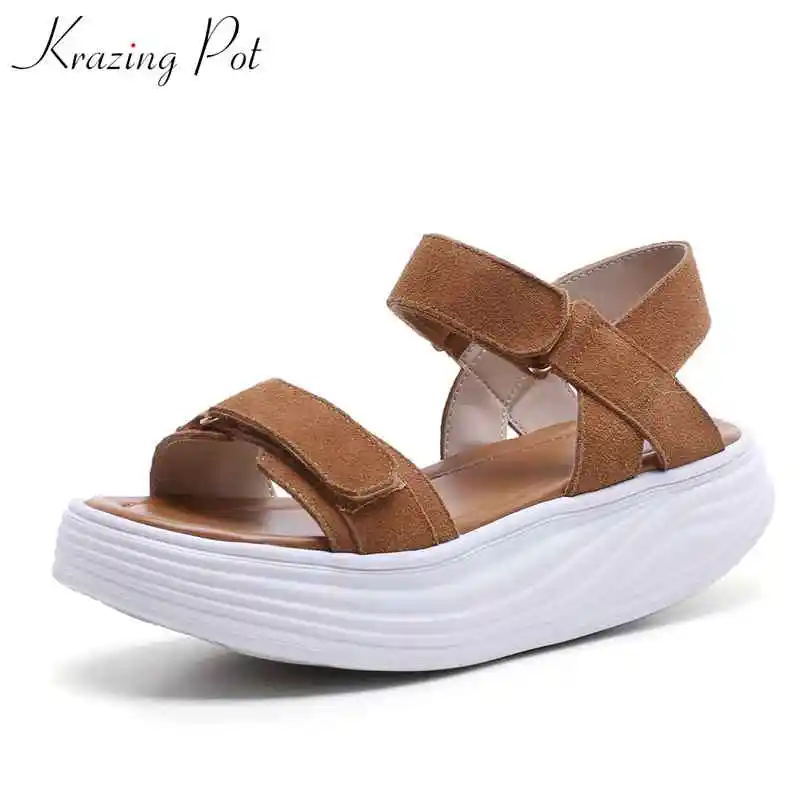 Krazing Pot Korean girl hook&loop med bottom preppy style solid original design platform wedges sweet daily woman sandals  L16