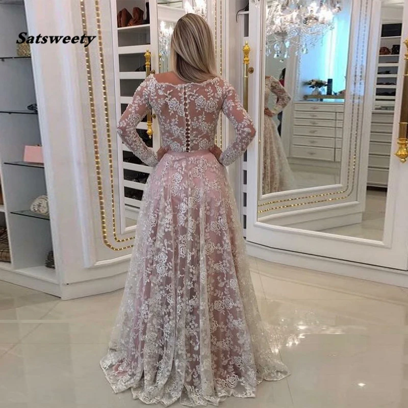 Off-The-Shoulder-Lace-Prom-Gowns-Floor-Length-White-Pink-Long-Sleeves-Evening-Gowns-Elegant-Party