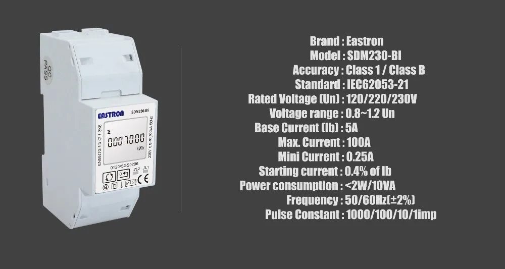 SDM230-BI однофазный счетчик энергии на din-рейке, двунаправленный, CE, 100A, импорт и экспорт энергии измеряется