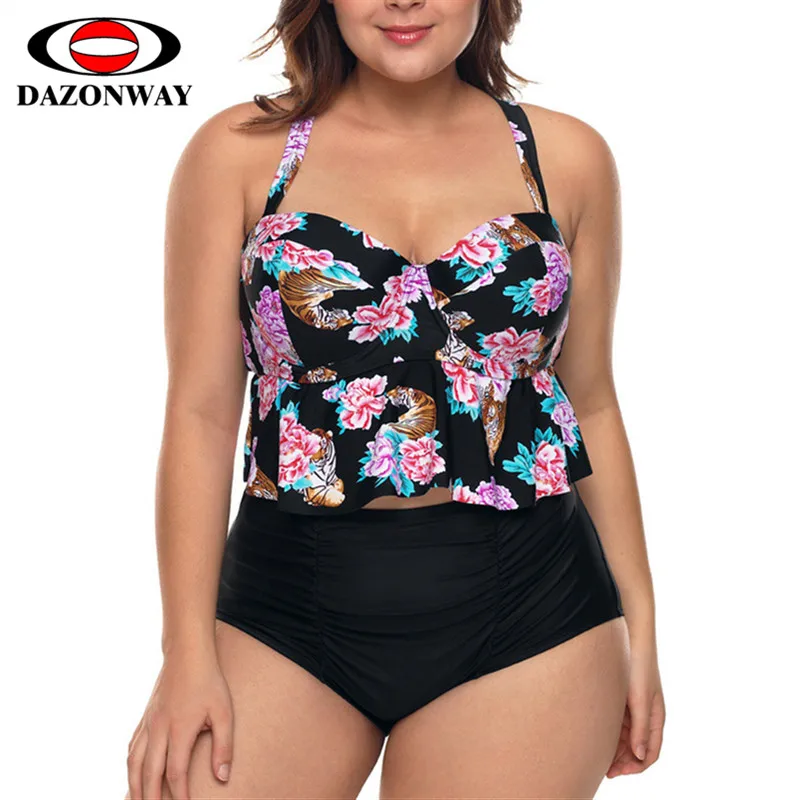 

DAZONWAY Bikini Big Yards Swimwear New Printed Sling High Waist Hem Conservative Split Swimsuit Women Plus Size Bikini Set XXXL