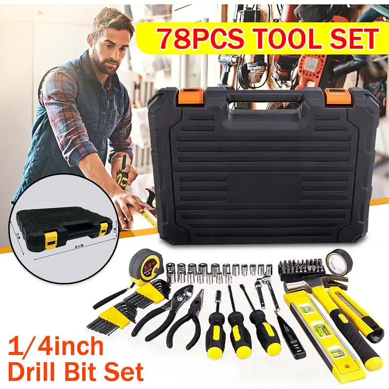

78Pcs Hand Tool Kit General Household Auto Repair Mixed Tools Set with Plastic Toolbox Storage Case Socket Wrench Screwdriver