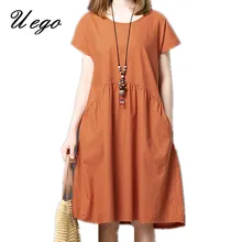 Uego Short Sleeve Soft Cotton Linen Loose Summer Dress Plus Size Women Casual Dress 2021 New Arrival Lady Dress Female vestidos