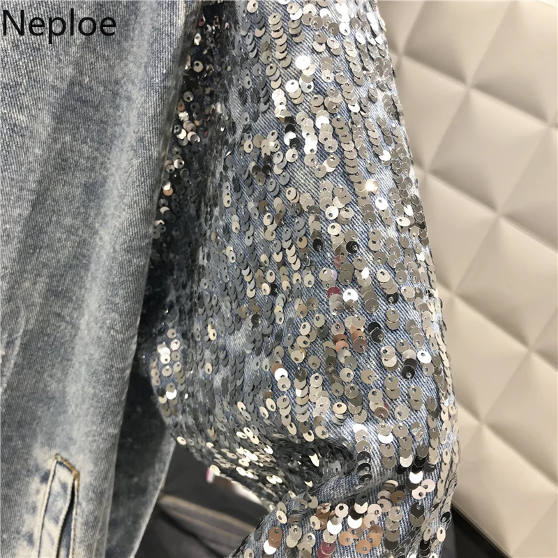 Neploe/женские куртки с блестками, новинка, однобортное пальто с отложным воротником, свободные потертые Женские топы с длинными рукавами, 44509