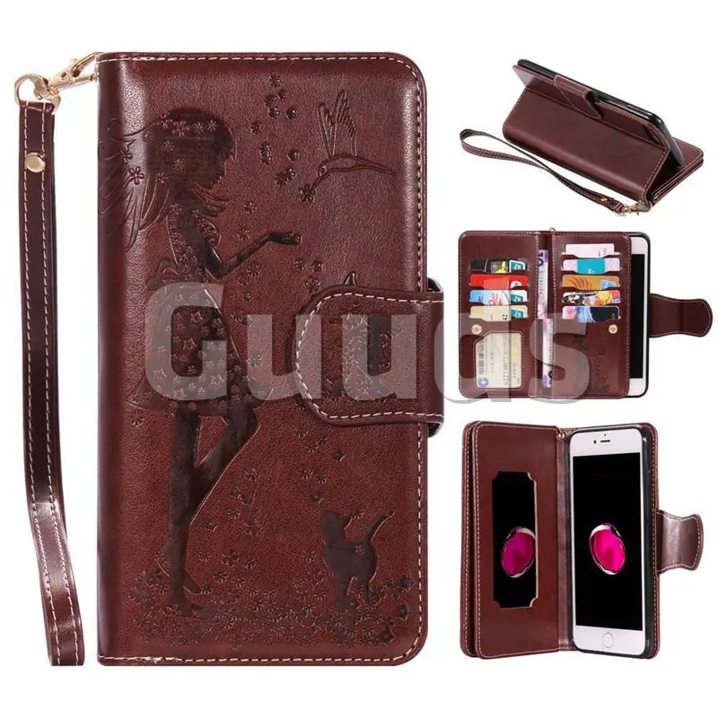 Embossing Cat Girl 9 Card Leather Wallet Case for iPhone 8 Plus / 7 Plus 7P(5.5 inch) - Brown