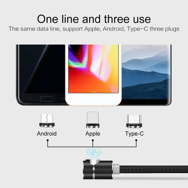 

3-in-1 360 Degrees Magnetic Charging Nylon Cable Built-in Blue LED Typc-c Micro USB Lightning Port for IPhone Samsung Android