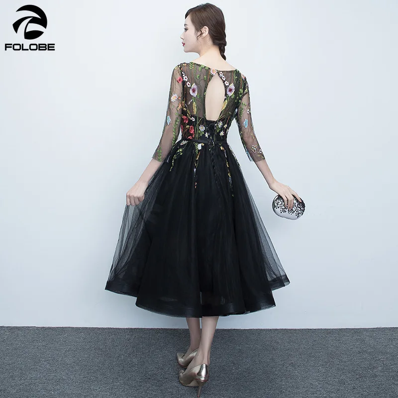 FOLOBE модное летнее платье женское элегантное платье с рукавом 3/4 из тюля с цветочной вышивкой черное винтажное платье