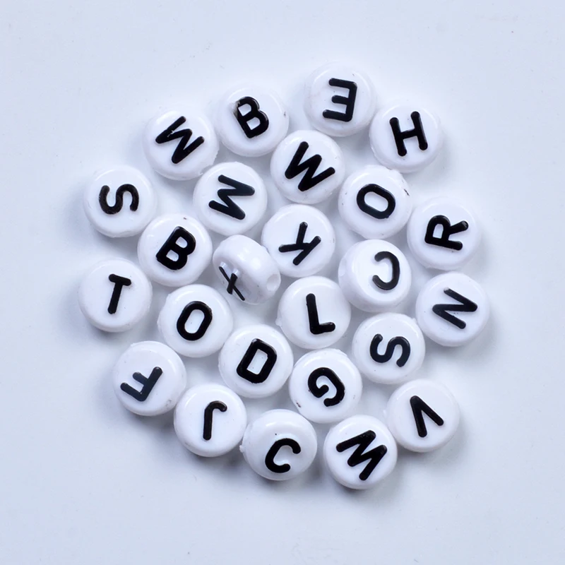 100Pcs 6x10mm Round Letter Beads Acrylic White Alphabet Bead With Black