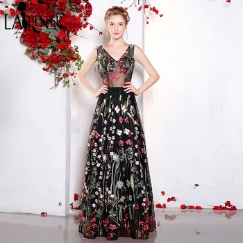 

Gorgeous Embroidery Lace Flowers 2017 Laiputer Black Sexy See Through A-line Amazing Vestido De Festa Longo Evening Prom Dresses