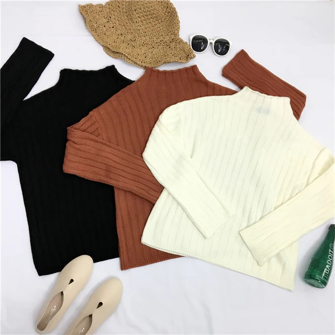 

Autumn Winter Women Sweaters Turtleneck Pullovers Plaid Solid Color Long Sleeve Female Sweaters