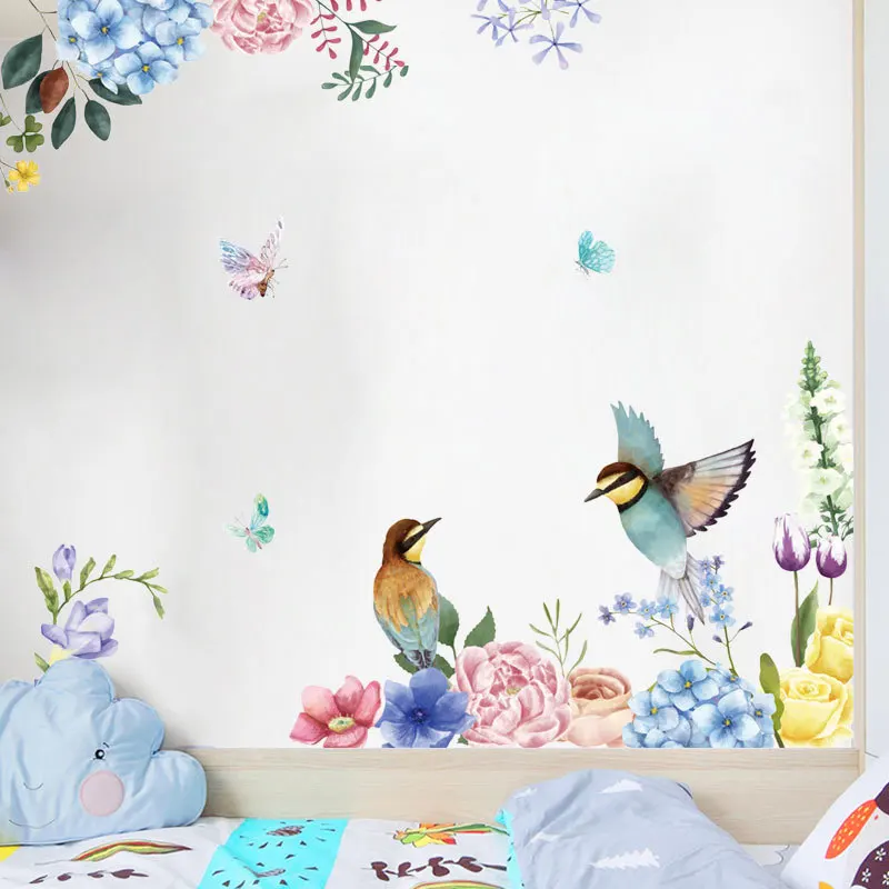 Beautiful watercolor flowers birds butterfly wall stickers home interior decoration glass window sticker self-adhesive diy decal