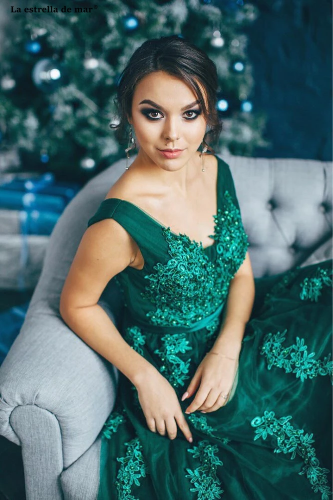 Vestido verde esmeralda 2021 Новый тюль с бисером сексуальный V образный вырез трапециевидная