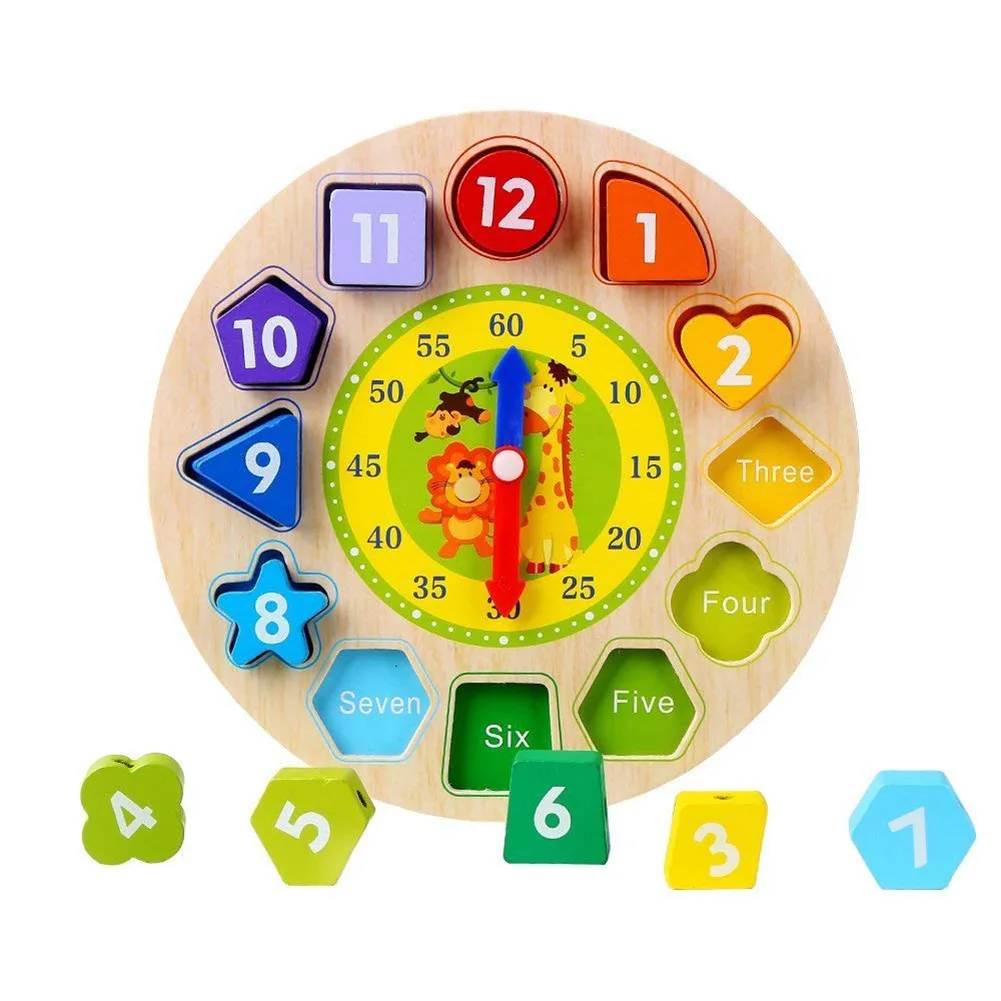 

2019 New 1 Pcs Clock Toy Numbers Shapes Sorting Blocks Wooden Educational for Children Kids