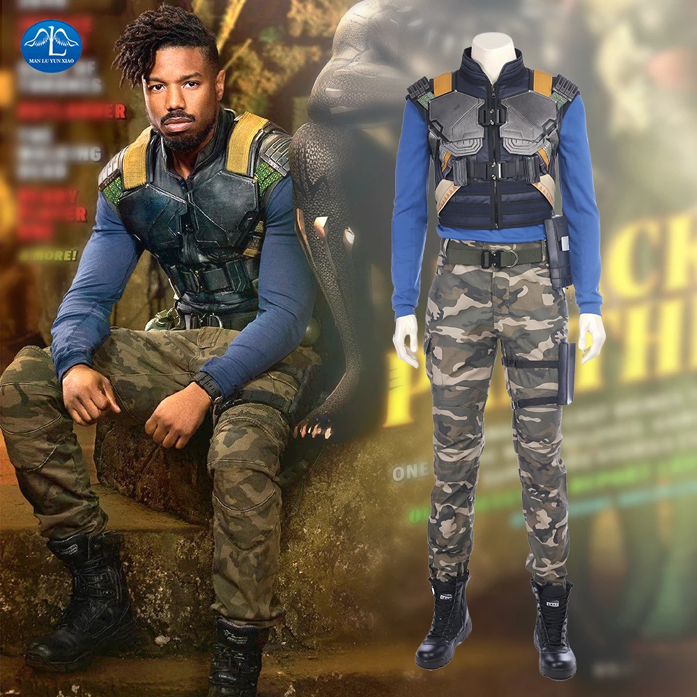 Горячая Распродажа фильм черный костюм Пантеры Erik Killmonger Косплей Костюм Костюмы на Хэллоуин для мужчин полный комплект на заказ