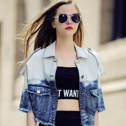 

New arrival Women's Fashion Patchwork Denim Jackets Outwear short Jeans Coat Gradient color tassels cardigan coat