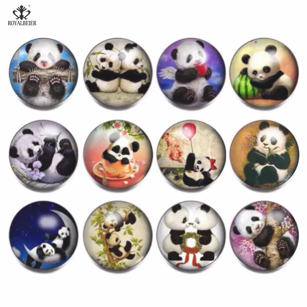 RoyalBeier 12pcs/lot Cute Pig Snap Button China Panda Glass Charms 18mm Snap Button For Snap Bracelet Necklace DIY Jewelry