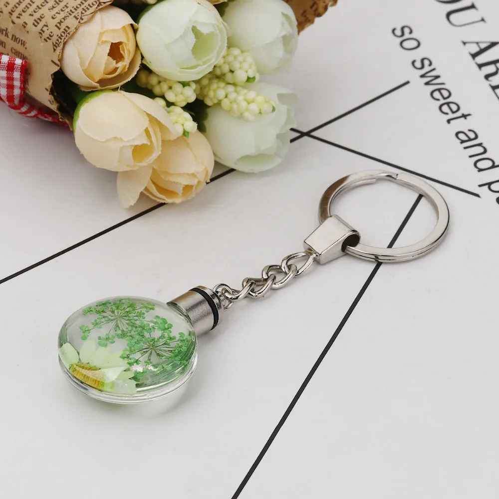 

Doreen Box Glass Dried Flower Keychain & Keyring Dull Silver Color Transparent LED Light Up 10.6cm(4 1/8") x 3cm(1 1/8") 1 piece