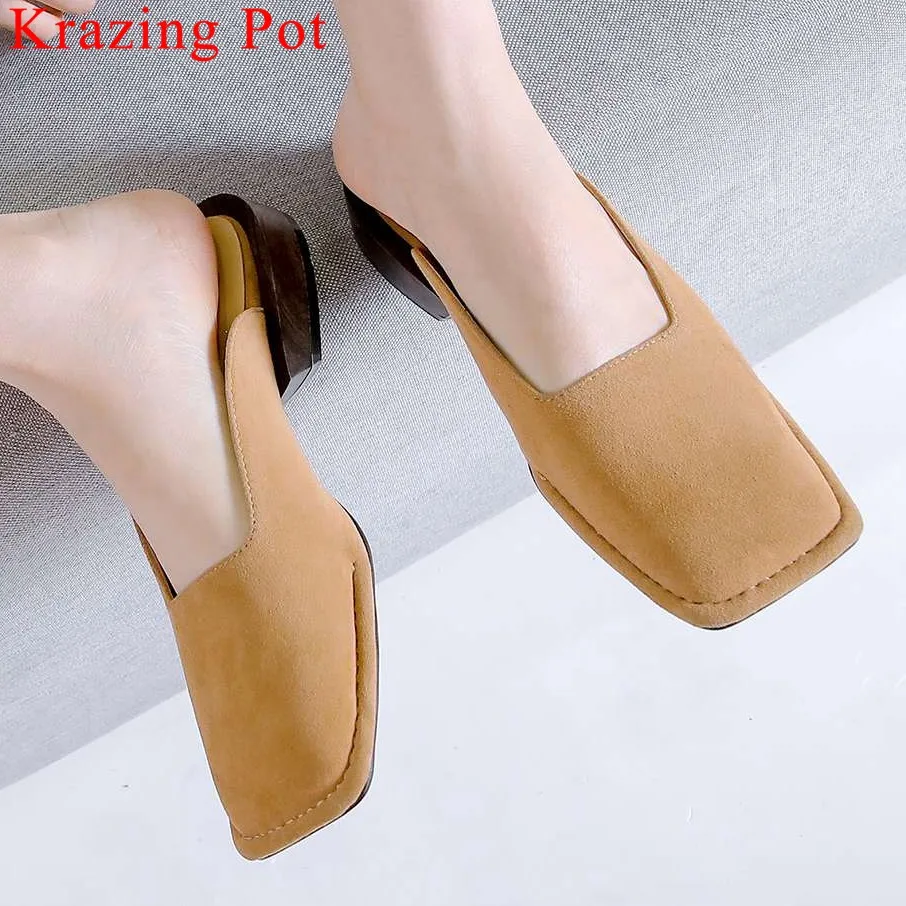 

Krazing Pot brand slip on mules comfortable full grain leather wood low heels vintage square toe pumps big size party shoes L02