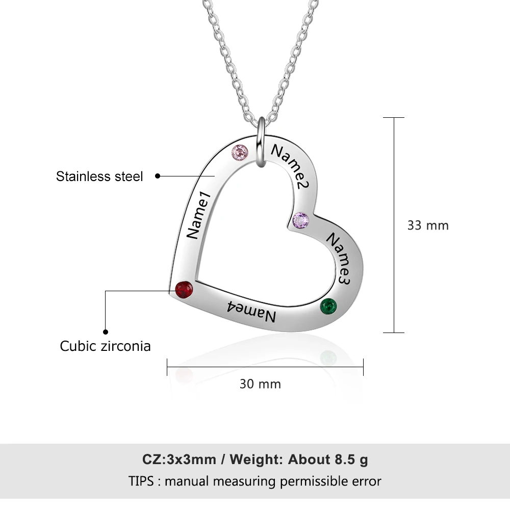 Уникальная цепочка с подвеской из нержавеющей стали кулон в виде сердца с гравировкой 4 имени DIY камни на заказ Ювелирный Подарок на юбилей для женщин