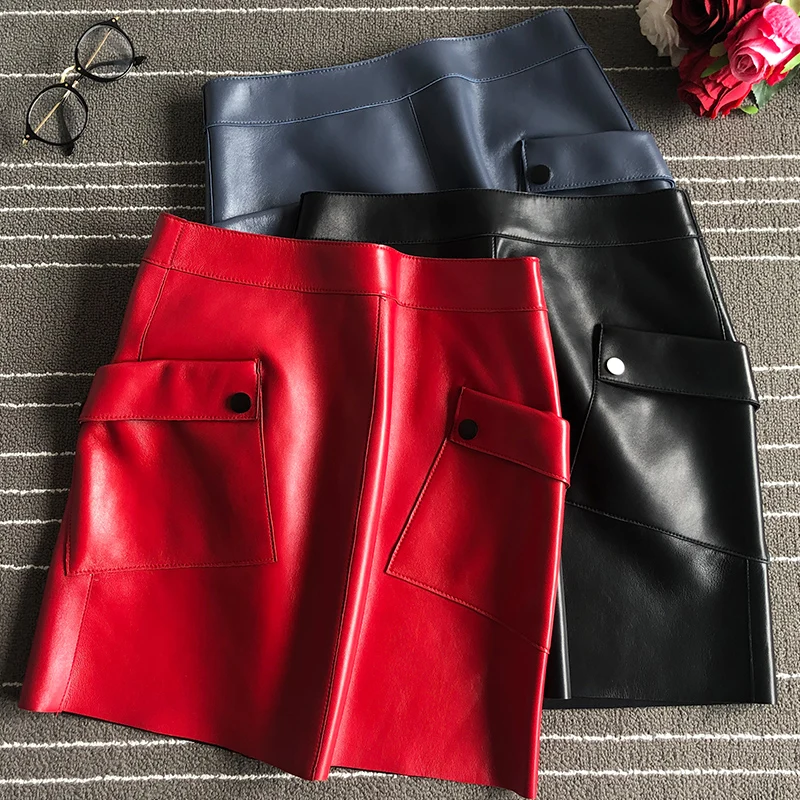 

Chic women's High quality sheepskin A-line Skirts 2019 spring autumn real leather high-waist pockets skirts A603