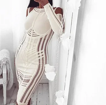 

Top quality O-neck full winter dress elegant celebrity black white evening pub kenn-length women bandage dresses