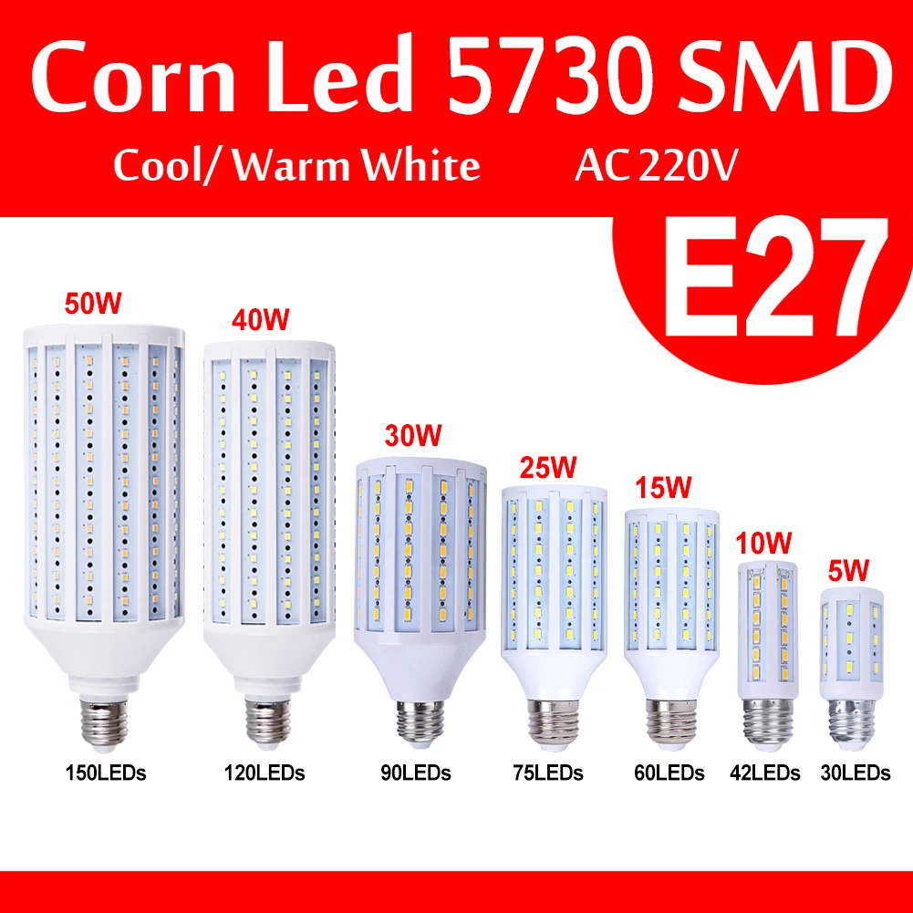 

Sale Lampda 5730 SMD Epistar chip LED Lamp E27 7W 15W 20W 25W 30W 40W 50W 220V 230V 240V AC Corn bulb light Cold Warm white
