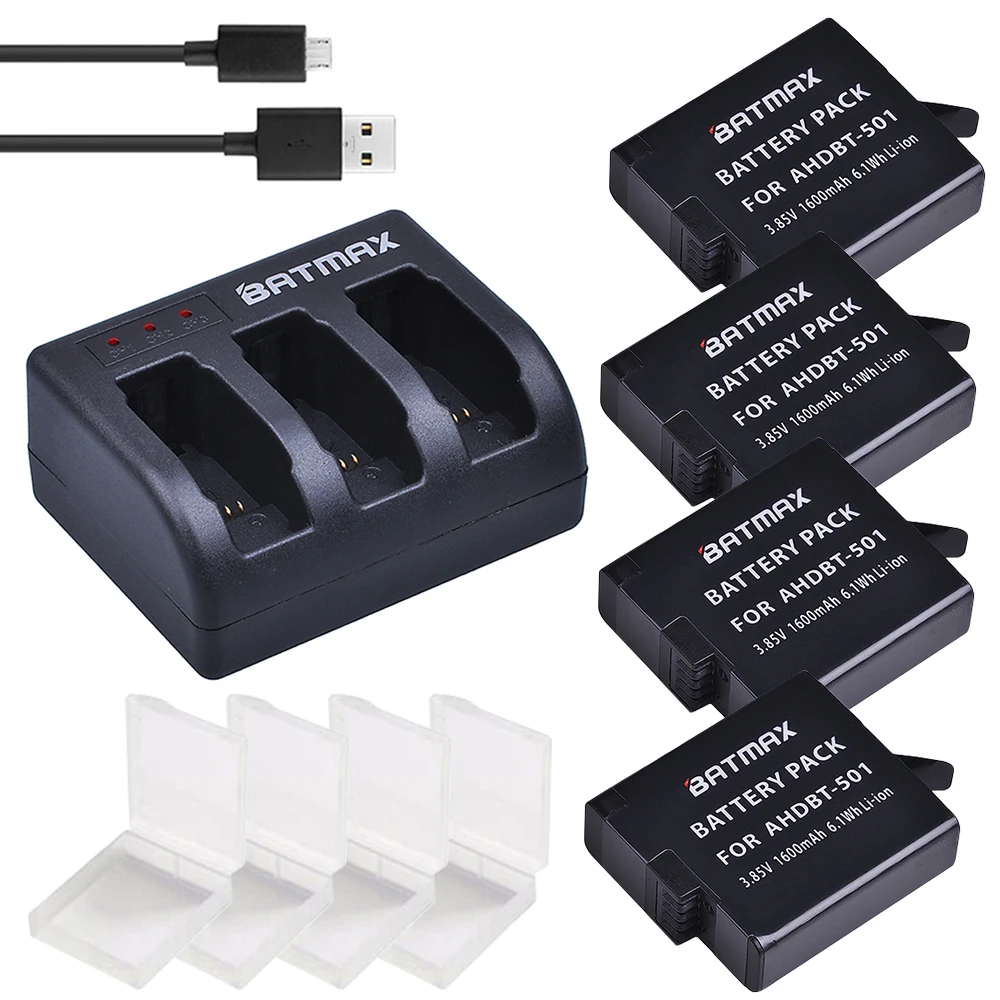 1600mAh 4 шт батареи для GoPro Hero6/Hero5 черные + 3 слота USB зарядное устройство с портом типа