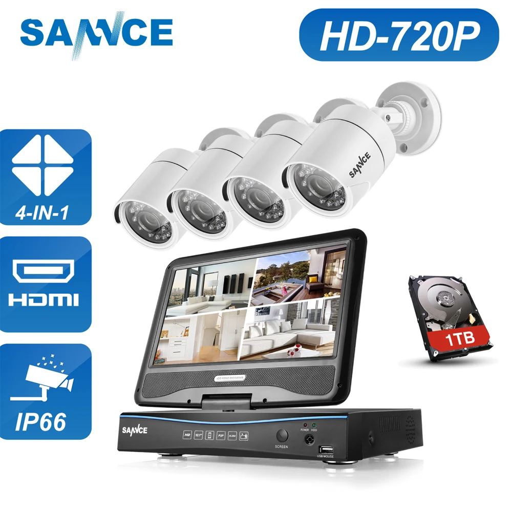 SANNCE 4CH 720P 4 in 1 Security Camera System 10 1 LCD Monitor 1 0MP 1280TVL