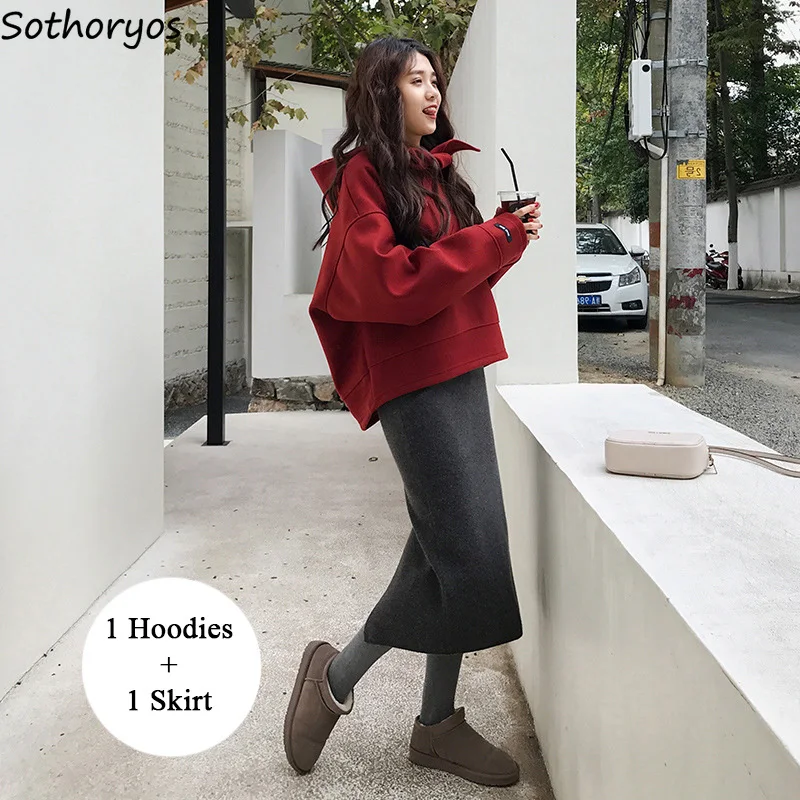 

Women Sets 2019 Hooded Solid Oversize Leisure Clothing Womens Two Piece Outfits Korean Style Elegant Skirt Ladies Trendy Set