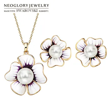 

Neoglory Simulated Pearl & Enamel Jewelry Set Exquisite Flower Stylish Necklace & Earrings Lady Trendy Pure Party Gift