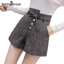 Новинка Осень Зима Высокая талия короткие Feminino Solto шерстяные шорты Mujer сексуальные Офисные широкие шорты для женщин свободный пояс для женщин