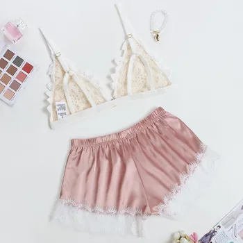

2019 new women's V-neck embroidered shorts pajamas set silk lace sexy dyed pajamas pajamas shorts suit пижама женская gecelik40*