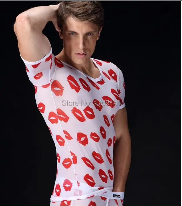 

Sale!!! Hot-selling Men's Tops Male ultra-thin transparent Red lips printing gauze short sleeved blouse sexy underwear