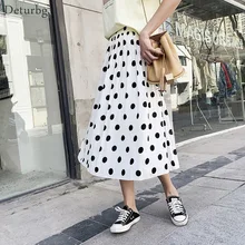 Для женщин Винтаж в горошек миди юбка Женская Корейская Повседневное Высокая талия плиссированные белые Шифоновая Юбка Faldas Saias femininas Лето SK339