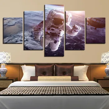 

5 Pieces Canvas Art Cosmonaut Planet Paintings Prints Wall Art Picture for Home Bedroom moon canvas print poster painting