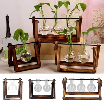 

1 Pcs Glass Vase Tabletop Hydroponics Plant Wooden Rack Transparent Home Garden J2Y