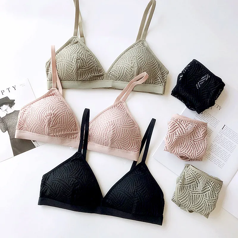 

Sexy hollow out Lingerie Set 2018 Autumn bras with pad Women thin cup Bra & Brief Sets Wireless Sexy deep-v neck Underwear set