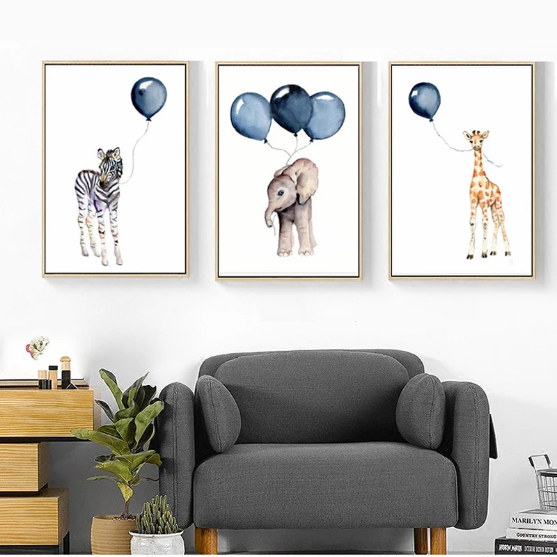 Nordic Cartoon Animals Canvas Paintings Nursery Blue Balloon Art Poster Zebra Elephant Print Wall Pictures Kids Room Decor (2)