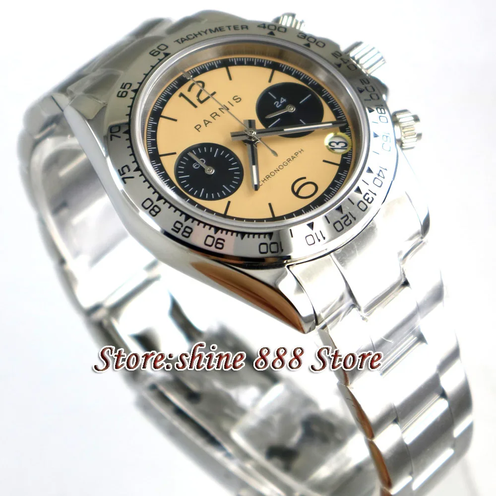 39mm PARNIS Beige dial sapphire glass date full Chronograph quartz mens watch | Наручные часы