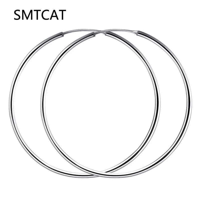 

SMTCAT Women 100% 925 Silver Hoop Earring 50/60mm Round Circle Loop Gifts Box Packing Simple Silver Hoop Earrings