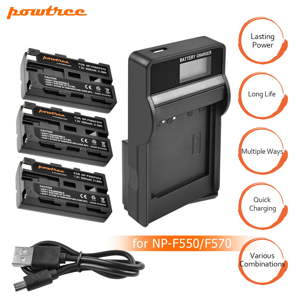 

3Packs NP-F750 Li-ion Battery 7.2V 3000mAh Battery+1Port Battery chager with LED for Sony NP-F550 NP-F770 NP-F750 F960 F970 L10