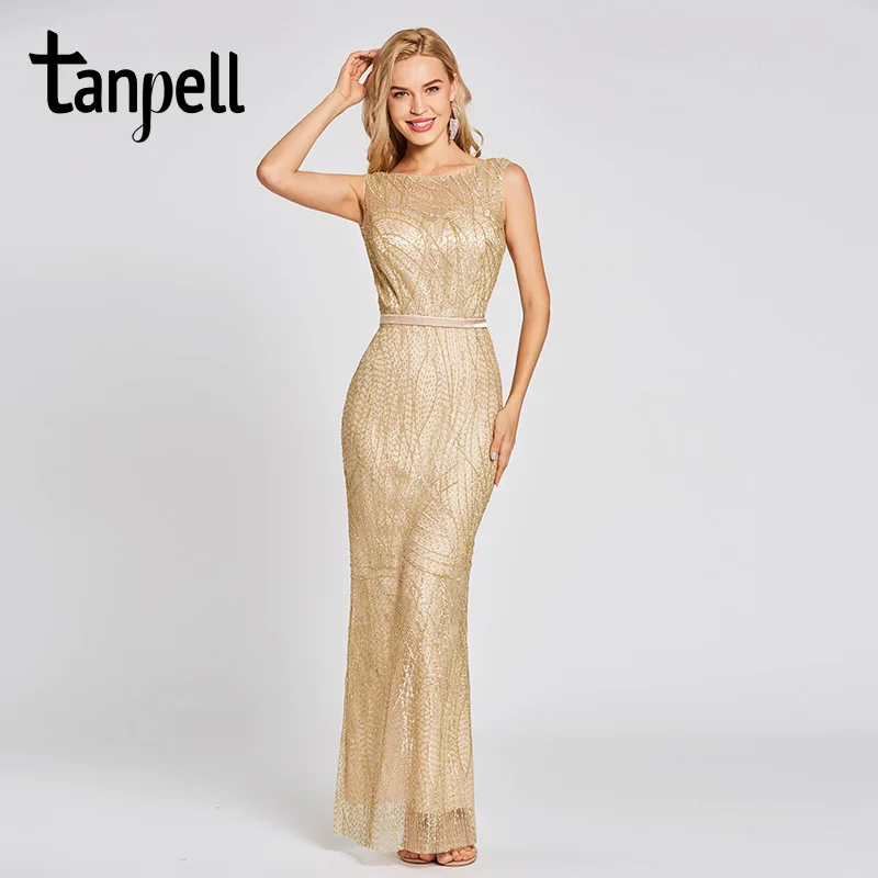 

Tanpell lace evening dress champagne sleeveless scoop floor length gown women backless gilding mermaid formal long evening dress