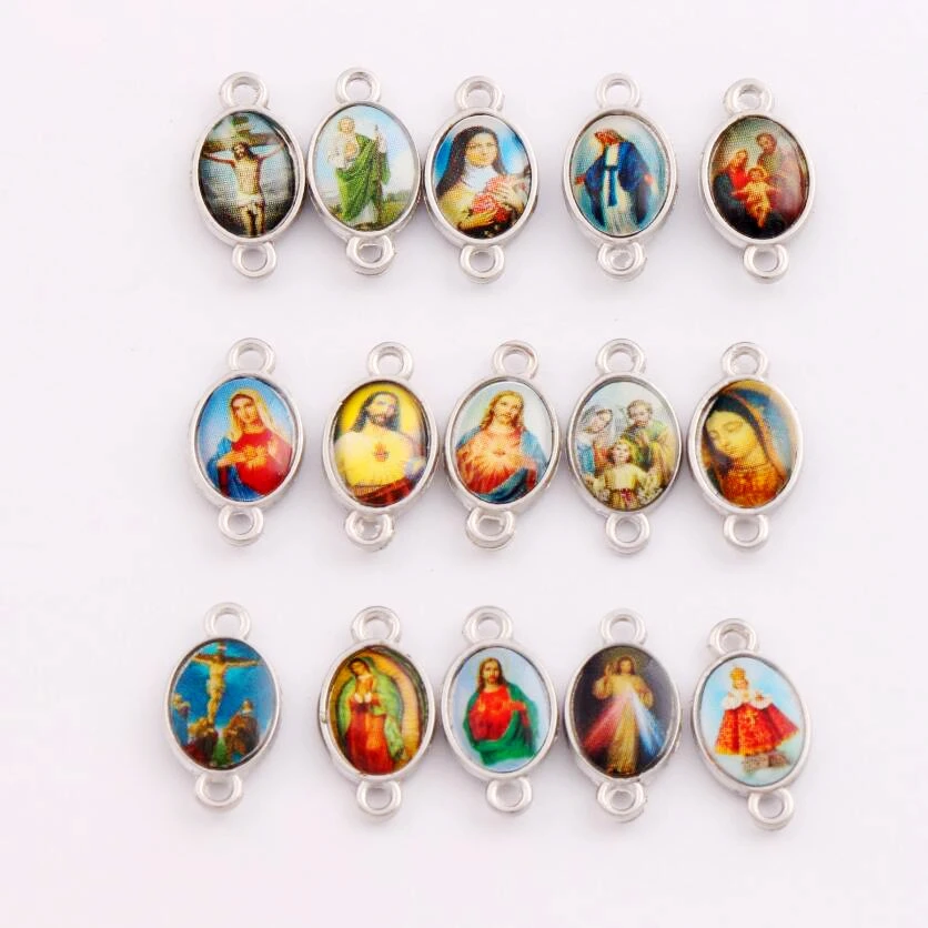 

250pcs Antique Silver Catholic Religious Church Medals Saints Spacer End Connecor Charm Bead L1708 14.9x7.85mm
