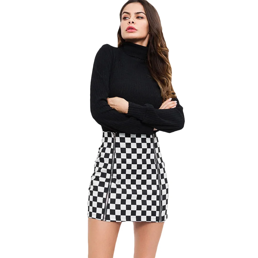 VESTLINDA Zippers Checkered Mini Pencil Skirts Womens High Waist Plaid 2018 NEW Fashion Streetwear Zip Up Fitted Winter Skirt 5
