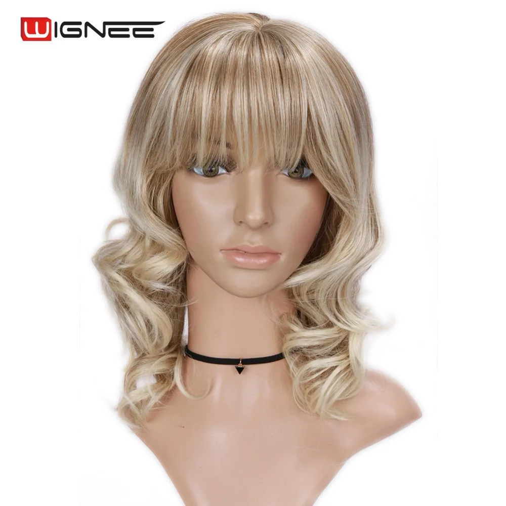 

Wignee High Temperature Synthetic Wigs With Bangs For Women Natural Hair Mixed 613 Glueless Cosplay Full Wavy Wigs For Africans