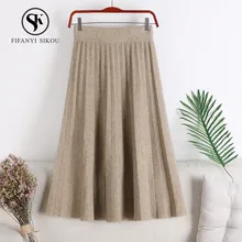 Осень Зима Новая высокая талия эластичная трикотажная длинная юбка женская модная повседневная трапециевидная плиссированная юбка женские одноцветные юбки