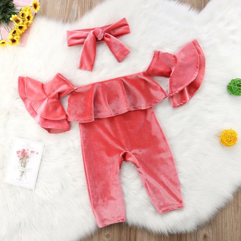 

Toddler Kids Baby Girl Velvet Outfits Short Ruffle Sleeve Off Shoulder Velvet Pink Jumpsuit Romper Clothes Set Headband