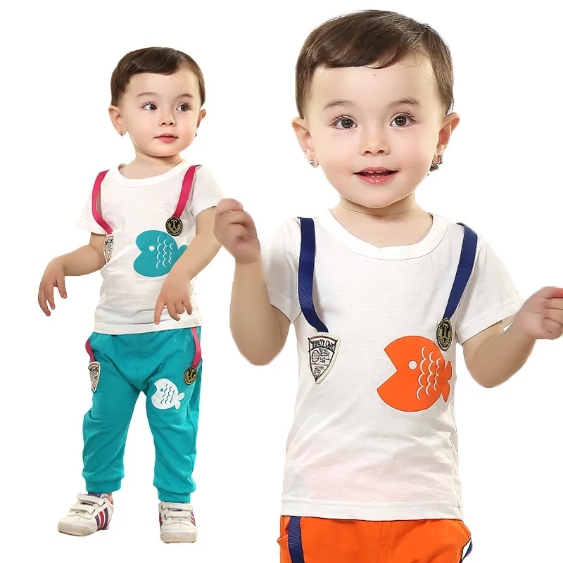 Anlencool/, новые летние костюмы с короткими рукавами комплекты одежды для малышей с милой рыбкой комплекты летней одежды для маленьких мальчиков