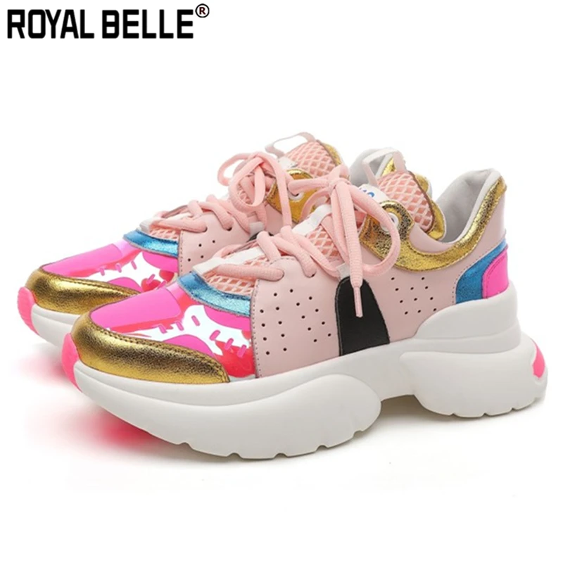

Royal Belle Sneakers Women Platform Sneakers Off White Brand Shoes Cowhide Creepers Shoes Mixed Color Mesh Sneakers Ladies Shoes