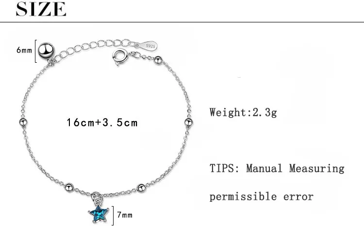 Anenjery простой модный браслет с голубыми кристаллами и звездами для женщин, подарок для девушек, 925 пробы, серебряная бижутерия, S-B196