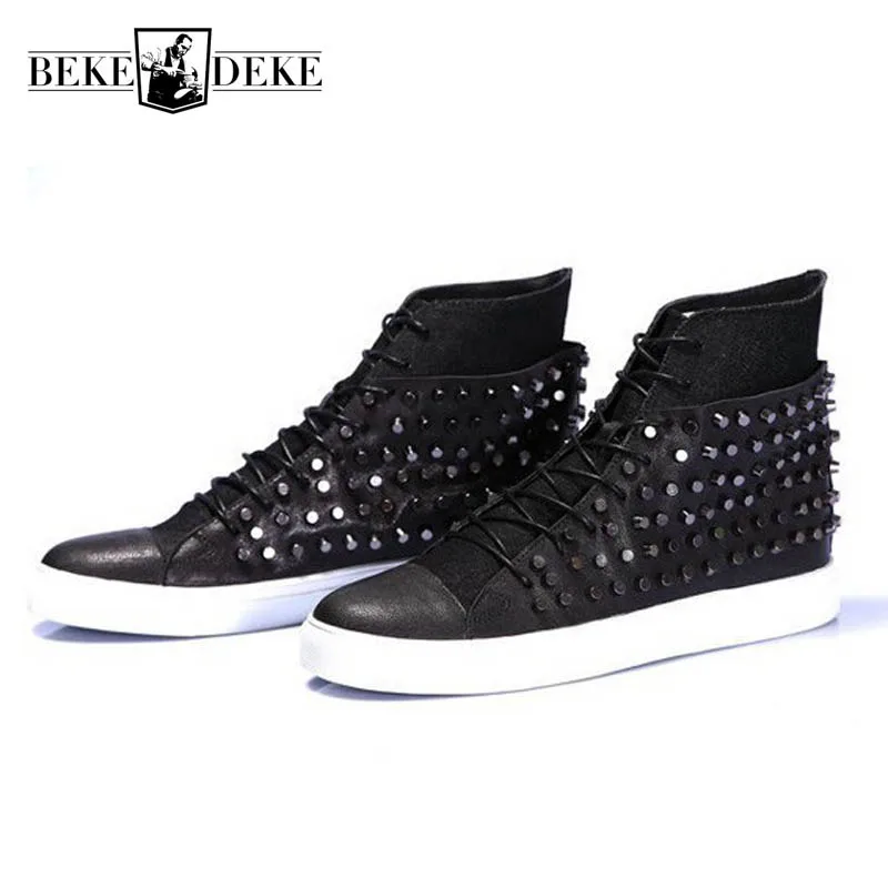 

Personality Mens High Top Casual Shoes Rivet Punk Ankle Boots High Quality Genuine Leather Man Footwear Rock Stage Show Botas